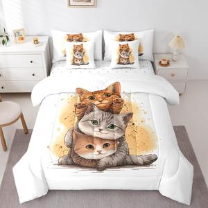 Erosebridal Комплект постельного белья Cat Full Bed с уютным комфортером и милыми котиками в стиле кавай, Yellow Grey