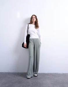 Широкие брюки в рубчик, шалфейно-зеленого цвета Topshop