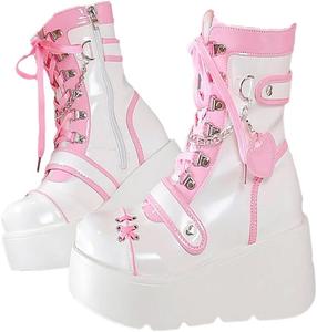Готические ботинки на платформе с пряжкой для женщин, массивный высокий каблук, шнуровка, панк, мотоциклетные боевые ботинки с цепочкой XYKHUI, Pink