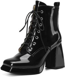 Женские ботильоны с квадратным носком на массивном каблуке, с шнуровкой, из лакированной кожи JMdfcqer, Black