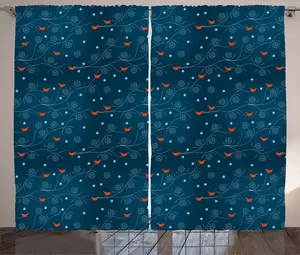 Зимняя штора ABAKUHAUS в деревенском стиле, милые птички на ветках, универсальные ленточные шторы для гостиной с петлями и крючками, 280 x 225 см, цвет: сине-оранжевый, белый Abakuhaus