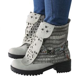 Женские ботильоны ZBYY с низким каблуком, вестерн-стиль, ретро, с заклепками и пряжкой, боковой молнией, повседневные обувь, челси, White 10.5