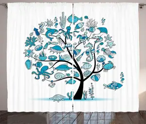 Штора ABAKUHAUS Подводный рустик, морские животные в виде дерева, присборенная штора для спальни с петлями и крючками, 280 x 225 см, цвет морской синий/белый Abakuhaus