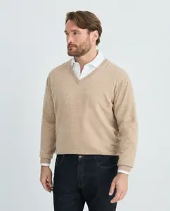 Джемпер мужской с V-образным вырезом гладкий кашемир большие размеры Emidio Tucci, бежевый