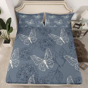 Erosebridal Женский комплект постельного белья темно-серый с бабочками и цветочным принтом, легкий материал с глубоким карманом, Butterfly 01