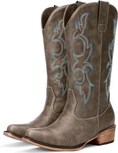 Ковбойские сапоги для женщин - вышитые ковбойские сапоги вестерн, средние по голени, модный массивный каблук, заостренный носок, деревенский стиль Choiran, Dark Brown