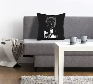 Декоративная подушка Queence "THE DOGFATHER", с мопсом в костюме, чехол без наполнения, 1 шт 40х40 см, черный