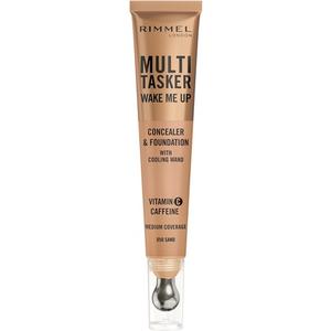 Многофункциональная основа и консилер Wake Me Up 050 Sand Depuffs Осветляет темные круги Металлический охлаждающий аппликатор Кофеин Витамин C 2% Ниацинамид Веганский продукт Не тестируется на животных Rimmel