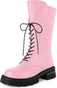 Женские боевые ботинки SAMMITOP, шнуровка, черные, средние по голени, низкий каблук, массивная подошва, круглый носок, ботинки для верховой езды, каблук 2 дюйма