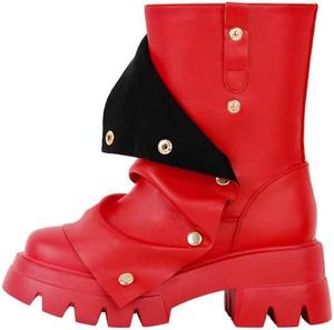 Женские ботильоны Richealnana на платформе с широким каблуком, декорированные заклепками, с мягкой складкой, тянущиеся до середины голени, с круглым носком и сборками в стиле Shark, Red