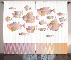 Штора ABAKUHAUS Рыбы в деревенском стиле, современный зигзаг с морским животным, универсальная тесьма для гостиной с петлями и крючками, 280 x 245 см, нежно-розово-оранжевый Abakuhaus