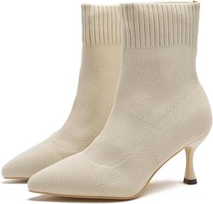 Женские вязаные ботильоны WONDERWAY с заостренным носком, каблуком-лодочкой, зимние ботинки на среднем каблуке, носочные ботинки, White