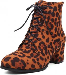Женские ботильоны UniqueStride с квадратным носком, шнуровкой и среднем каблуке, лаковая кожа, короткие, Brown Leopard