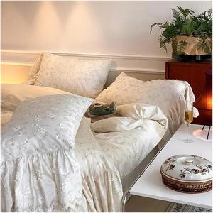 CAIMIAO Комплект постельного белья из хлопка с цветочной вышивкой и французским романтичным краем White