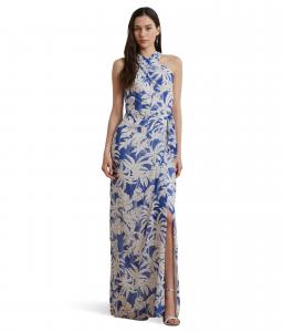 Платье Lauren Ralph Lauren Palm-Frond-Print Georgette Halter Gown, Blue/White