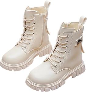 Девочкам кожаные ботинки с шнуровкой, боевые, для верховой езды, с боковой молнией, в стиле панк/гот, с рифленой подошвой, противоскользящие, ковбойские ботильоны, 4-12 лет Generic, White