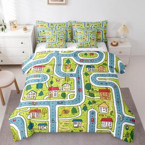 Erosebridal Комплект постельного белья Cute Doodle Roads с мультяшными машинками и дорожным принтом, всесезонный, Green Blue