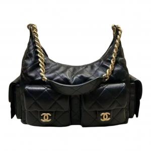 CHANEL Кожаная сумка хобо через плечо большая женская черная
