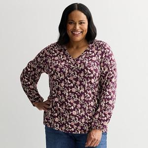 Блузка-хенли со сборками Plus size Croft & Barrow, Berry Vine Floral