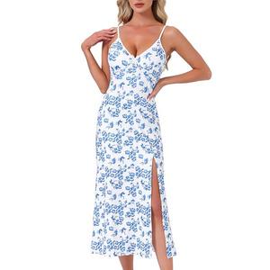 Женская ночная сорочка-ками с цветочным принтом, разрезом по центру, V-образным вырезом и тонкими бретелями Inspire Chic, White Blue Floral