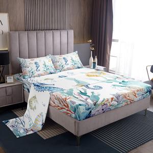 Erosebridal Комплект постельного белья Teal Beach Kids Blue Ocean с морскими животными и морскими коньками, Blue Teal Beige