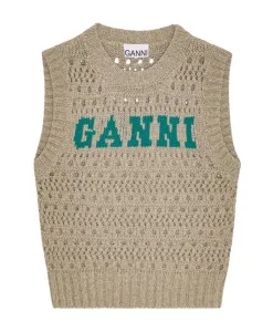 Вязаный топ с интарсией и логотипом Ganni, бежевый