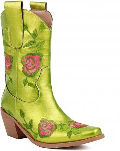 Женские ковбойские сапоги в западном стиле, средней высоты, с винтажным дизайном, на толстом каблуке, квадратный носок, с вышивкой, удобные Abborora, Green
