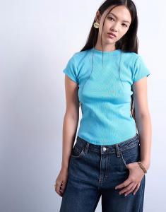 Футболка с закругленным подолом и резинкой, синего цвета Topshop