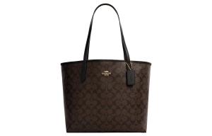 Сумка наплечная City 33 Tote Monogram большая из холста коричнево-черная женская COACH