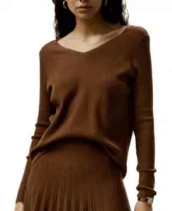 Свитер из ультратонкой мериносовой шерсти с V-образным вырезом Lilysilk, коричневый