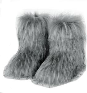 Женские ботинки из искусственного меха, пушистые, средней длины, зимние, до середины голени, с плоским каблуком Generic, Light Gray