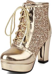 Женские блестящие ботильоны на платформе с пайетками, боевые ботинки, туфли на массивном каблуке с шнуровкой, подходящие для платья, выпускного или осени Generic, Gold