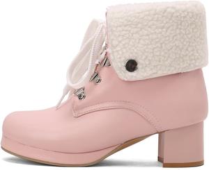 Женские Ботильоны UniqueStride с Мягким Искусственным Мехом, Складным Верхом, Шнуровкой и Массивным Каблуком, Модные, для Косплея, Pink