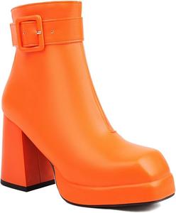 Женские массивные ботильоны на платформе с квадратным носком, пряжкой, боковой молнией и высоком каблуке, нарядные короткие ботинки JOEUSTY, Orange-Velvet Lined