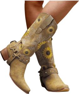 Женские ковбойские ботинки ZBYY с вышивкой подсолнуха, квадратный носок, ретро западный стиль, массивный каблук, средняя голень, на молнии, 10.5 Yellow