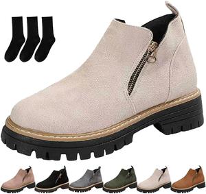 Женские ботильоны на низком каблуке, замшевые ботильоны на платформе с коротким каблуком, с боковой молнией, повседневная винтажная обувь, низкие лоферы Generic, White