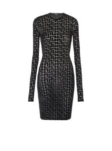 Короткое бархатное платье с монограммой Balmain, черный