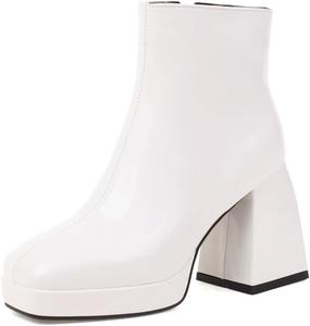 Женские ботильоны VOKLIN с квадратным носком в западном стиле, с застежкой-молнией, платформой и массивным высоким каблуком, White