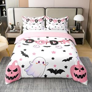 Erosebridal Комплект постельного белья Happy Halloween с милыми привидениями, блестками, тыквами, летучими мышами и розовыми звездами в галактическом стиле, White Pink Black