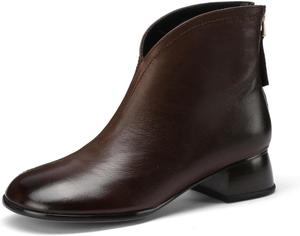 Женские ботильоны TinaCus из натуральной кожи с круглым носком, V-образным вырезом, застежкой-молнией сзади и массивным низким каблуком, Brown