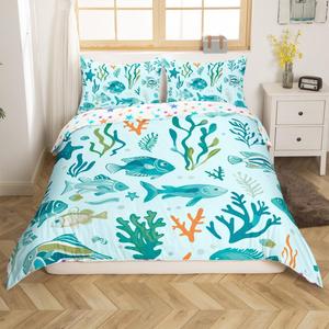 Erosebridal Морской комплект постельного белья для детей с мультяшным подводным миром и тропическими кораллами, Teal