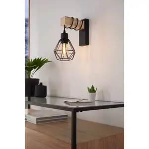 Настенный светильник TOWNSHEND 5, сталь и дерево, E27, IP20, для гостиной E27 1 шт., настенный/потолочный светильник, для гостиной, размеры: Д14 x В27,5 см, черный, коричневый Eglo, черный/коричневый