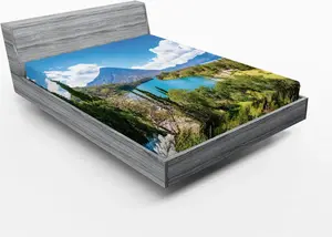 Простыня на резинке ABAKUHAUS Central America, реалистичное изображение прекрасного залива озера Атитлан с видом на вулкан Сан-Педро, 150 x 190 см, многоцветная Abakuhaus