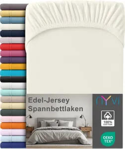 Простыня на резинке из премиального джерси для матрасов глубиной до 25 см - 100% суперчесаный хлопок, 140 г/м², на резинке по всему периметру, цвет: кремовый, размер: 90-100 х 200 см NYVI