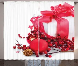 Рождественская штора ABAKUHAUS в деревенском стиле, новогодние ягоды, универсальные ленточные шторы для гостиной с петлями и крючками, 280 x 175 см, темно-коралловый и белый