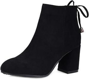 Женские модные ботильоны с круглым носком, кисточками, боковой молнией и массивным каблуком JOEUSTY, Black-Velvet Lined