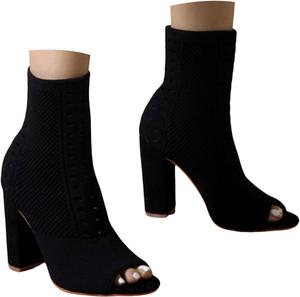 Женские ботильоны с открытым носком, вязаные, с открытым носком, массивным каблуком, дышащие носочные ботинки, модные сандалии на каблуке, летние массивные высокие каблуки, ботильоны 2025 Generic, Black