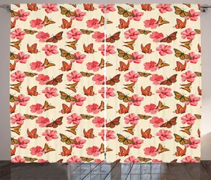 Штора в деревенском стиле ABAKUHAUS с цветочным рисунком насекомых, гибискус монарх, присборенная штора для спальни с петлями и крючками, 280 x 225 см, цвет кораллово-яичный и оранжевый Abakuhaus