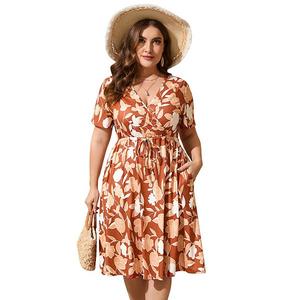 Женское платье casual с V-образным вырезом и карманами, длина до колена, plus size Seoria, Orange Flower