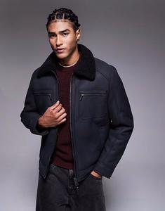 Куртка из нубука и овчины на молнии, черная River Island